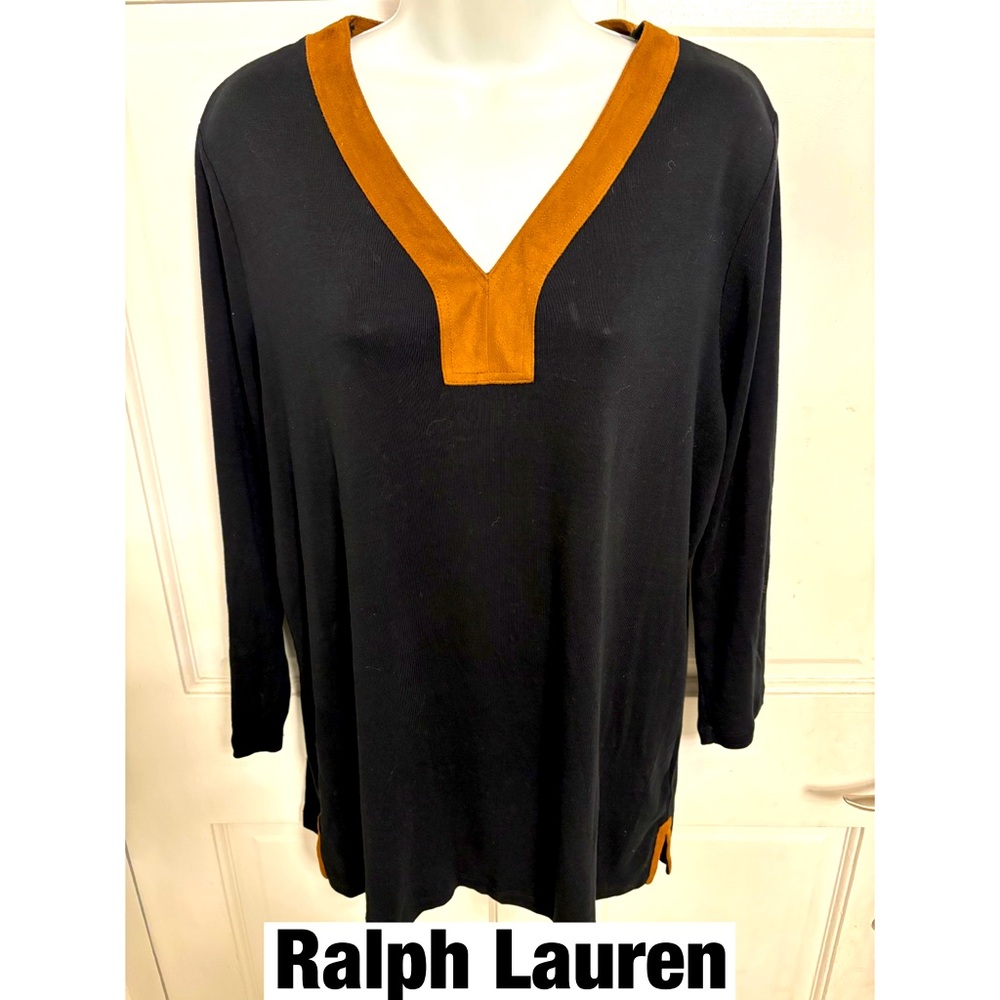 Ralph Lauren Black Cotton V Neck with Brown Suede like material Sz 1X perfection